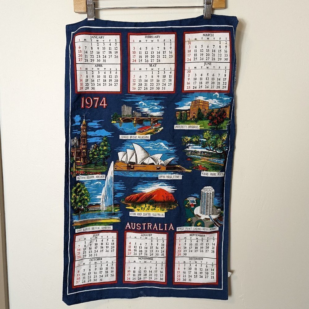 Vintage Australian Sydney Opera House Linen Tea Towel Calendar‎ 1974